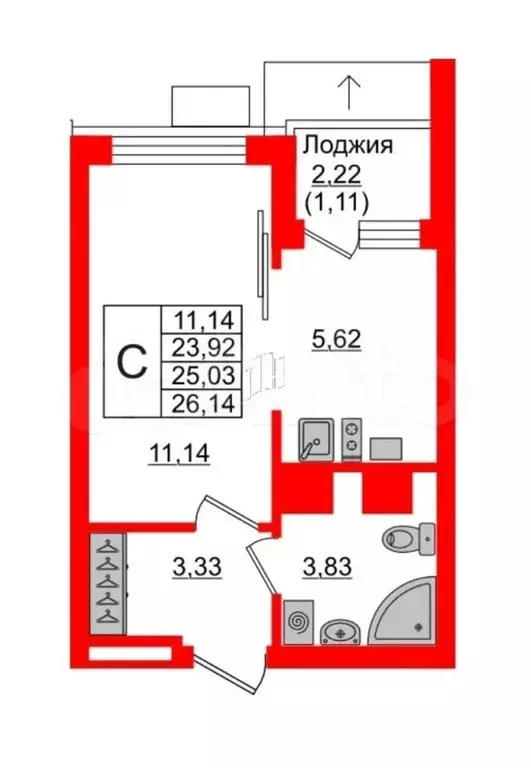 1-к. квартира, 26 м, 2/5 эт. - Фото 0