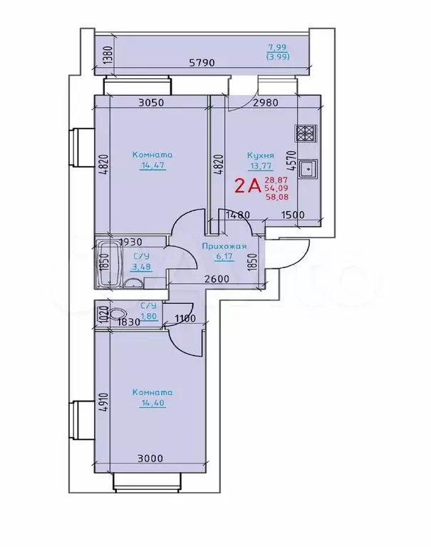 2-к. квартира, 58,1 м, 6/8 эт. - Фото 0