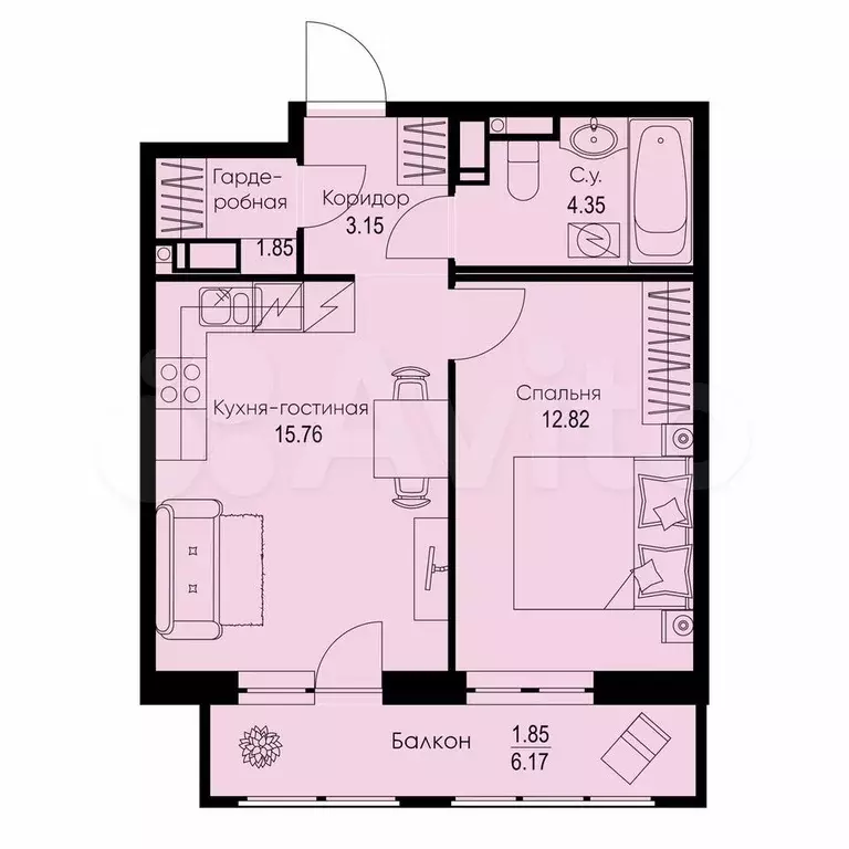 1-к. квартира, 39,8 м, 5/9 эт. - Фото 0