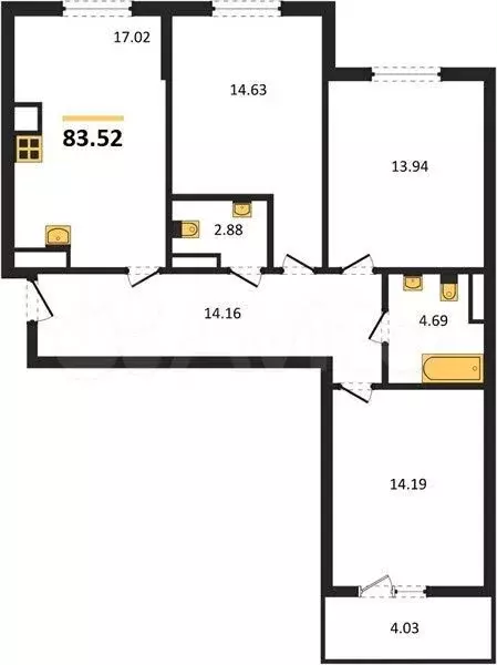 3-к. квартира, 83,5 м, 2/9 эт. - Фото 1
