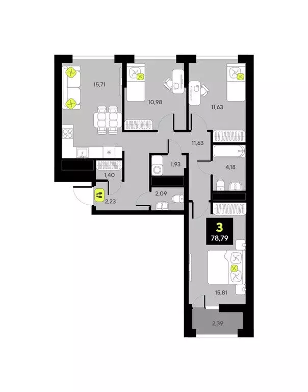 3-комнатная квартира: Тюмень, улица Андрея Приказнова, 1 (78.79 м) - Фото 0