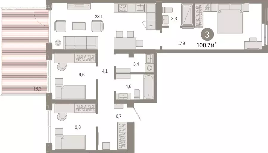 3-комнатная квартира: Тюмень, Ленинский округ (100.7 м) - Фото 1