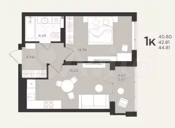 1-к. квартира, 44,8 м, 4/4 эт. - Фото 1