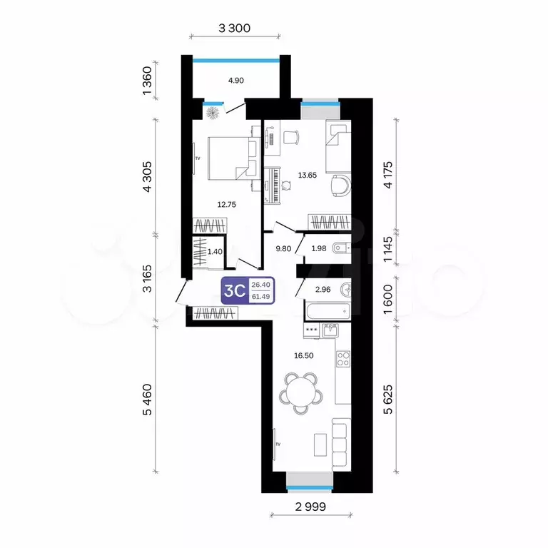 3-к. квартира, 61,5 м, 1/9 эт. - Фото 0