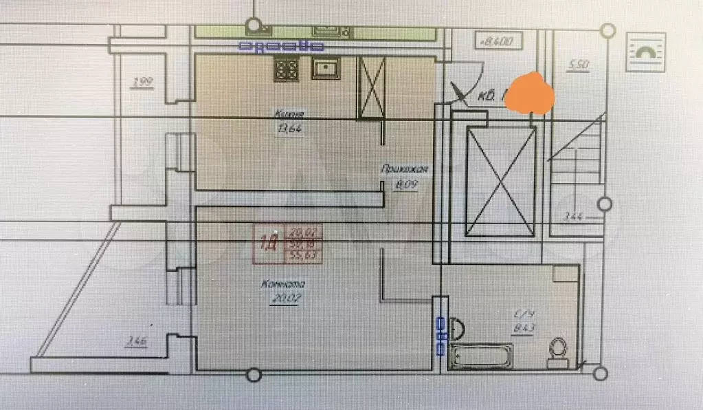 1-к. квартира, 49,5 м, 5/8 эт. - Фото 0