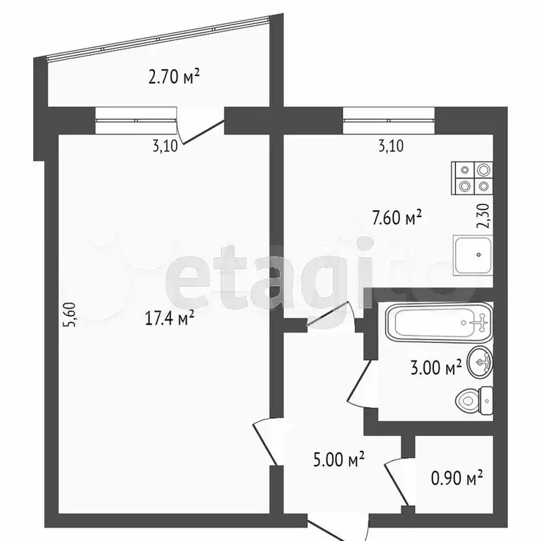 1-к. квартира, 33,6 м, 4/9 эт. - Фото 0