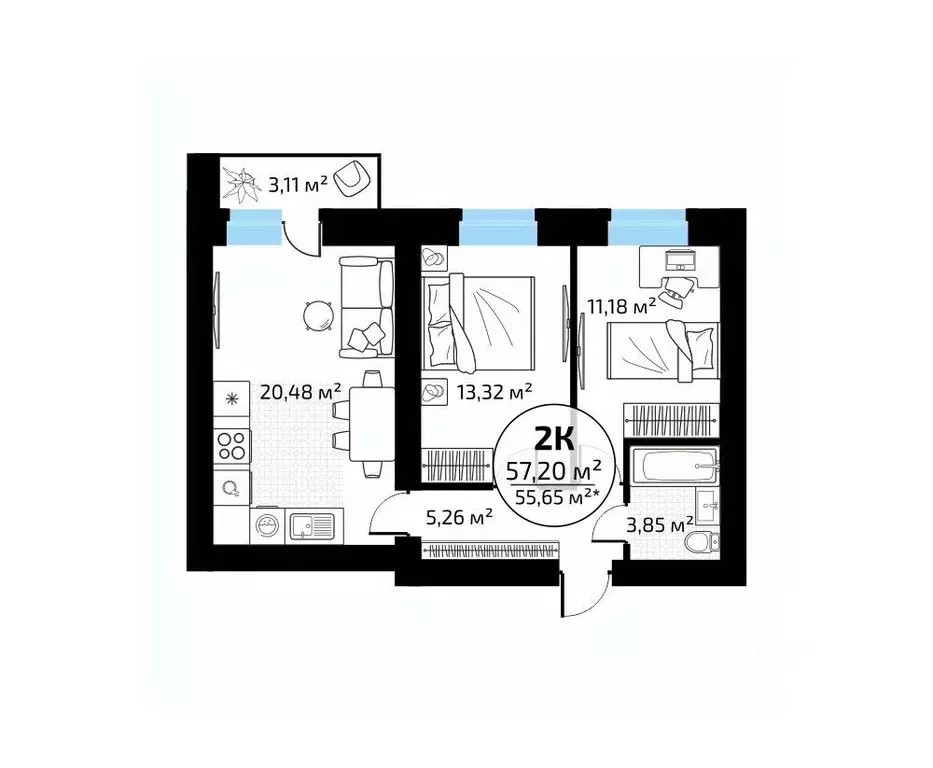 2-к кв. Самарская область, Самара пос. Мехзавод, 1-й кв-л, 50 (57.2 м) - Фото 1