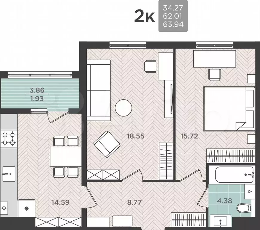 2-к. квартира, 63,9 м, 1/5 эт. - Фото 0