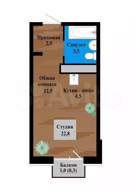 Квартира-студия, 22,8 м, 3/12 эт. - Фото 0