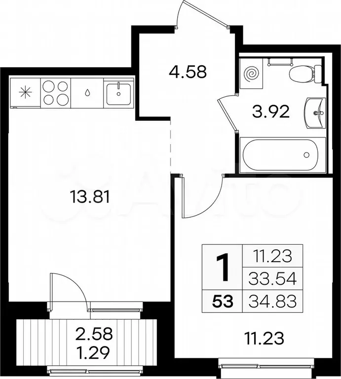 1-к. квартира, 34,8 м, 5/9 эт. - Фото 0