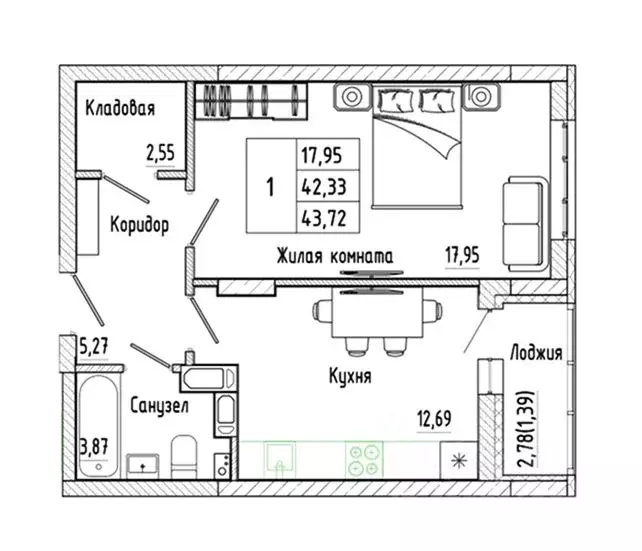1-к кв. Воронежская область, Воронеж Нижняя ул., 32 (43.72 м) - Фото 1