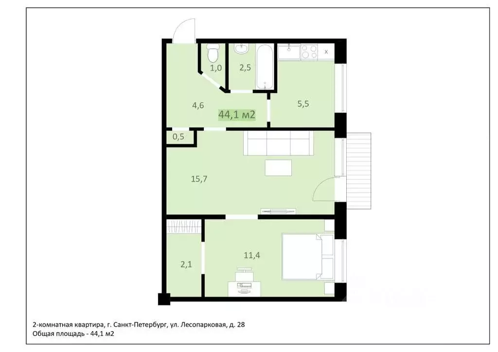 2-к кв. Санкт-Петербург Лесопарковая ул., 28 (44.1 м) - Фото 1