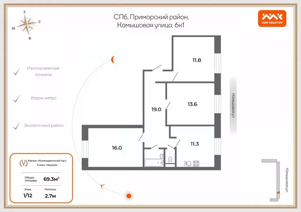 Квартира, 3 комнаты, 69.3 м - Фото 2
