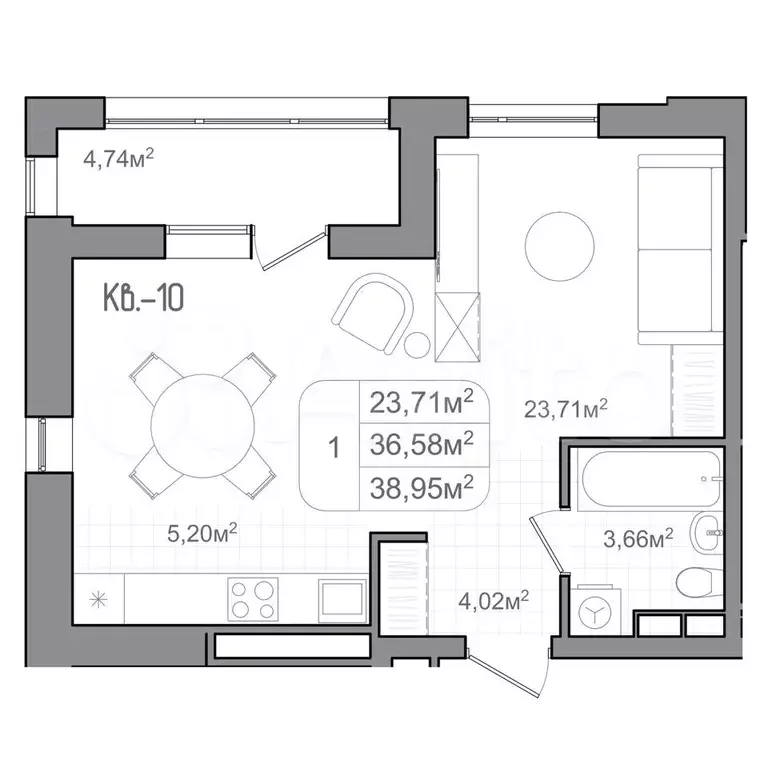 Квартира-студия, 39 м, 2/10 эт. - Фото 0