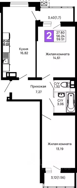 2-к кв. Адыгея, Майкоп 9 Мая ул., 14А (59.51 м) - Фото 0