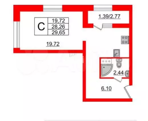 Квартира-студия, 29,7 м, 4/23 эт. - Фото 1