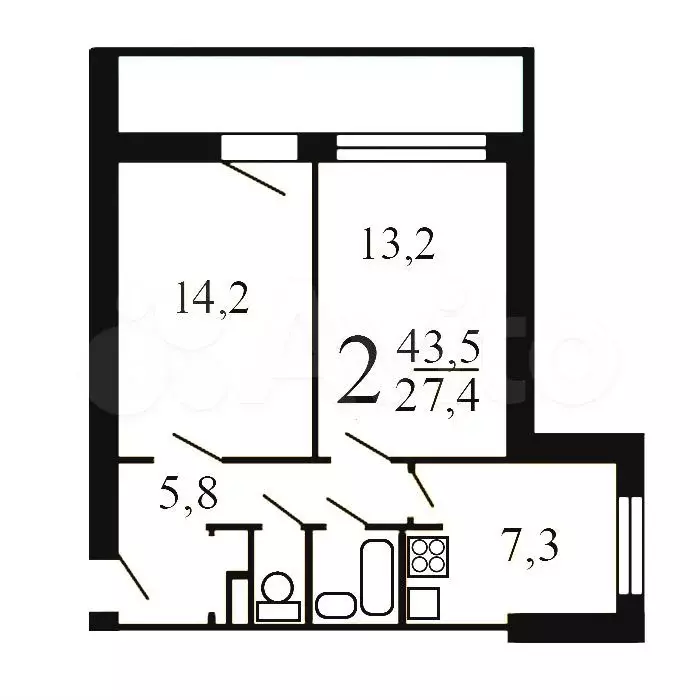 2-к. квартира, 43,5 м, 9/9 эт. - Фото 0