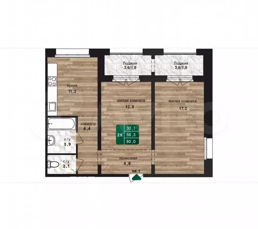 7-к. квартира, 60 м, 2/24 эт. - Фото 1