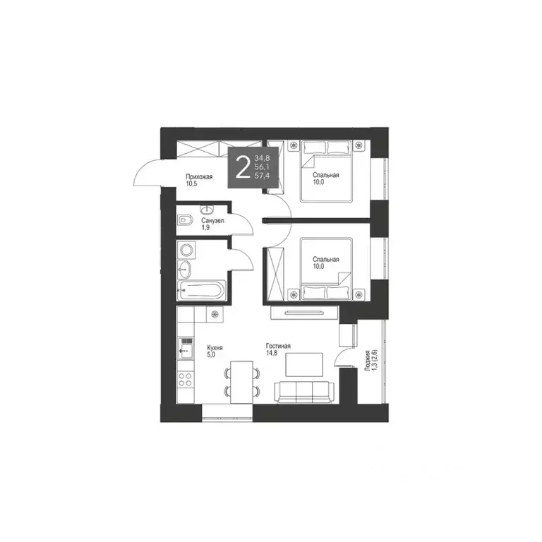 2-к кв. Татарстан, Альметьевск ул. Гафиатуллина, 60 (57.4 м) - Фото 0