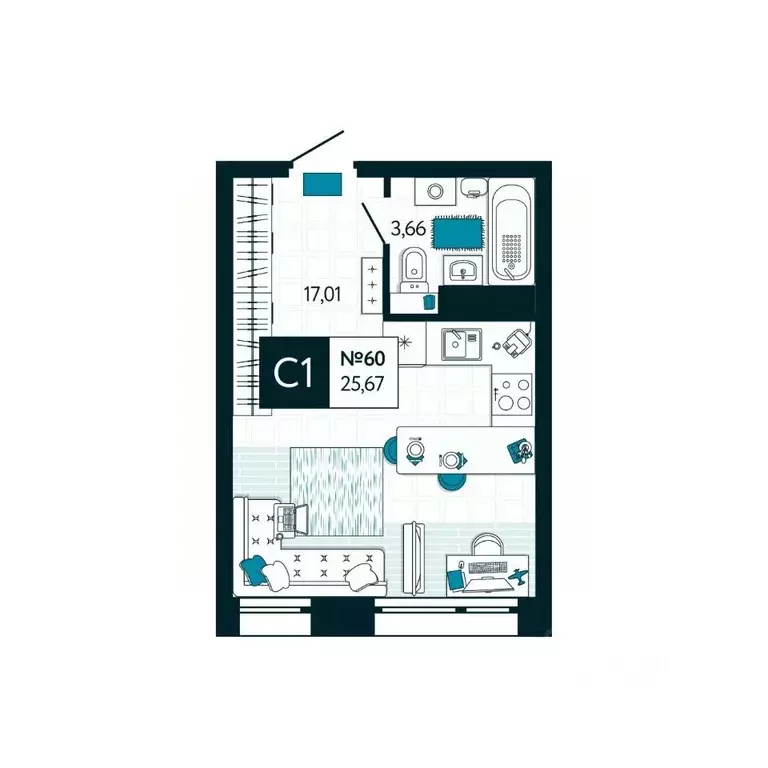 Студия Тульская область, Тула ул. Чмутова, 158Д (25.67 м) - Фото 1