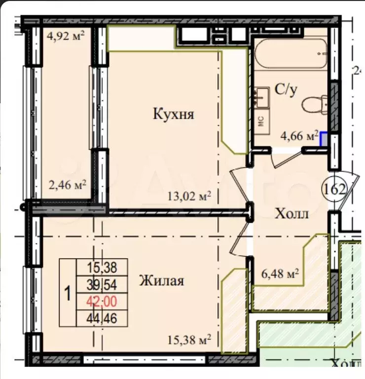 1-к. квартира, 42 м, 5/9 эт. - Фото 1