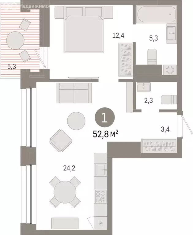 1-комнатная квартира: Тюмень, улица Муравленко, 9/2 (52.8 м) - Фото 1