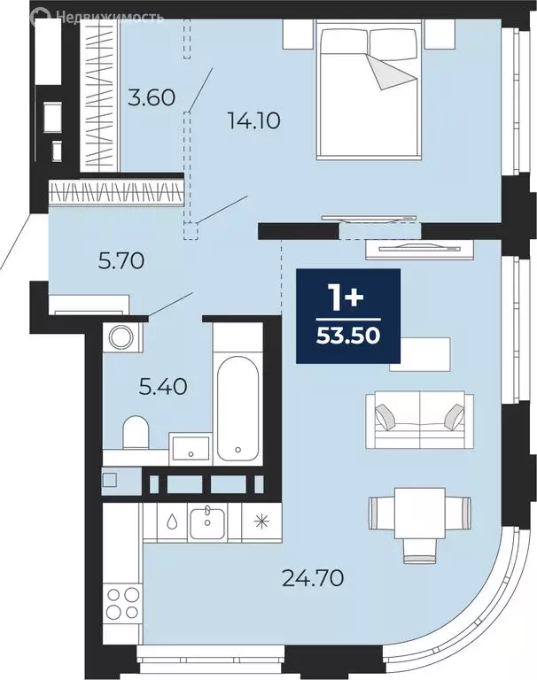 1-комнатная квартира: Тюмень, улица Пожарных и Спасателей, 2 (53.5 м) - Фото 1