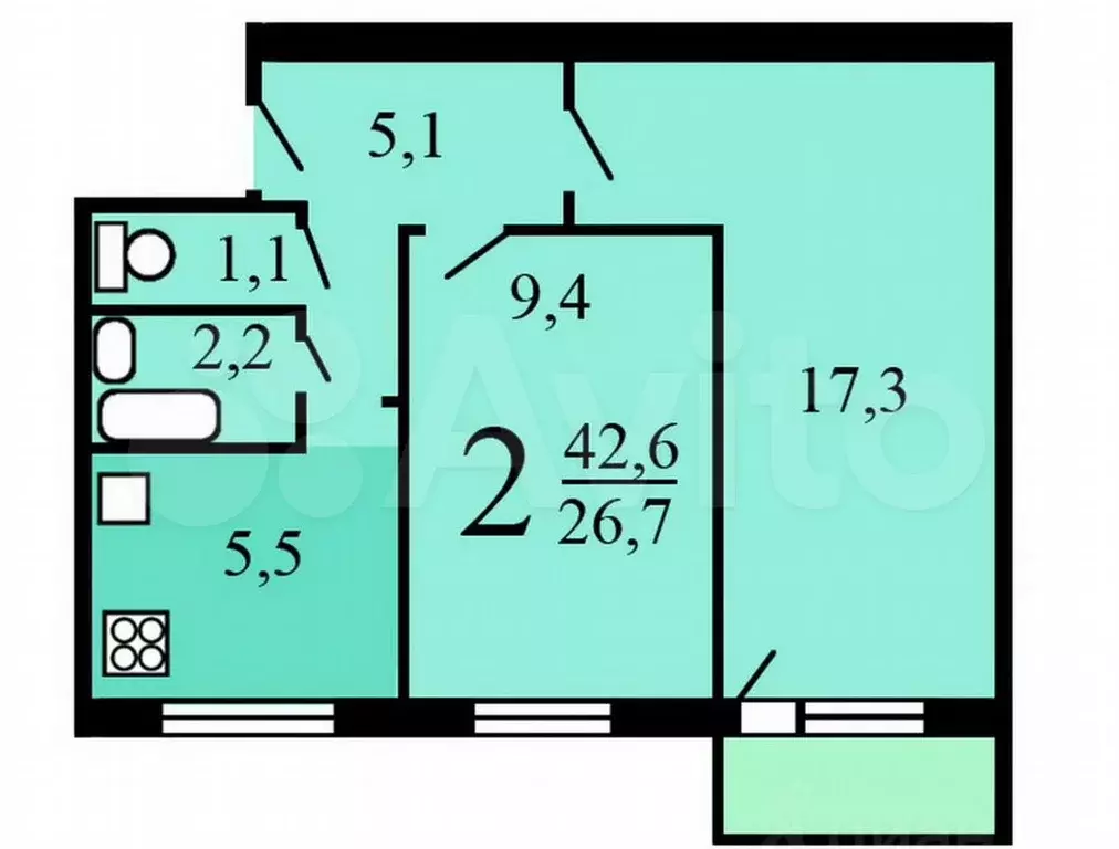 2-к. квартира, 43 м, 5/9 эт. - Фото 0