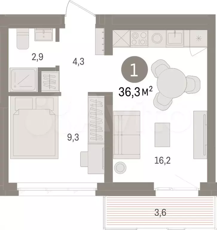 1-к. квартира, 36,3 м, 3/9 эт. - Фото 1