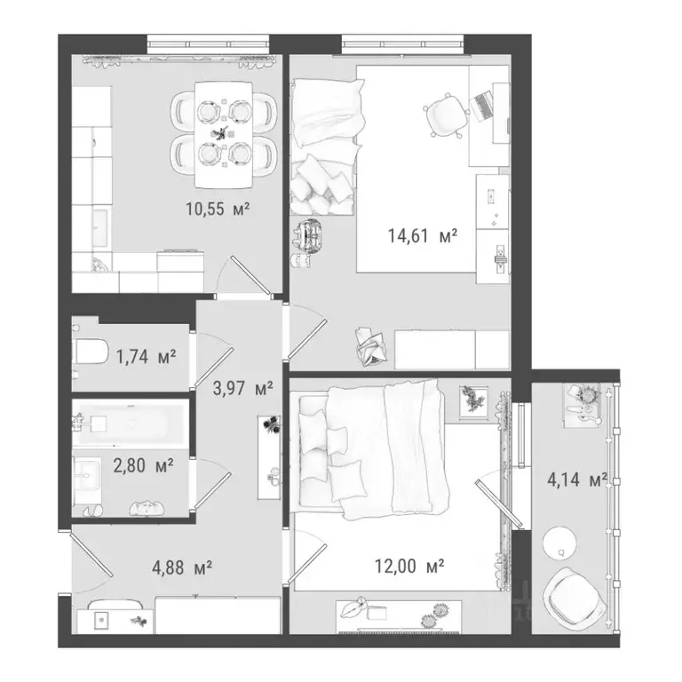 2-к кв. Томская область, Томск ул. Войкова, 51с7 (54.95 м) - Фото 0