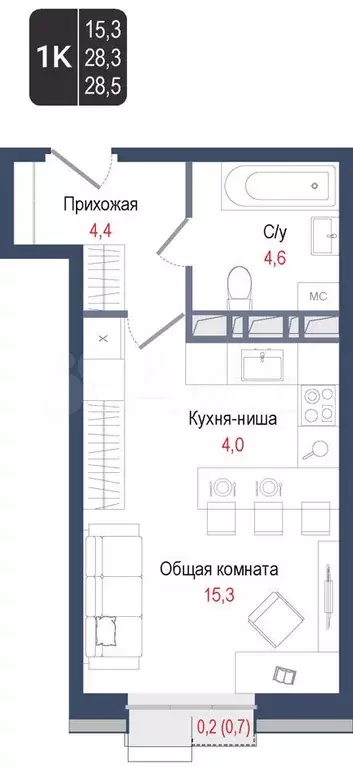 Квартира-студия, 28,3 м, 2/8 эт. - Фото 0