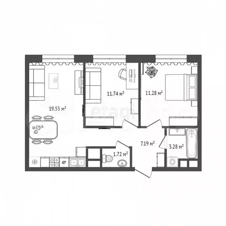 2-к. квартира, 53,6 м, 3/4 эт. - Фото 1
