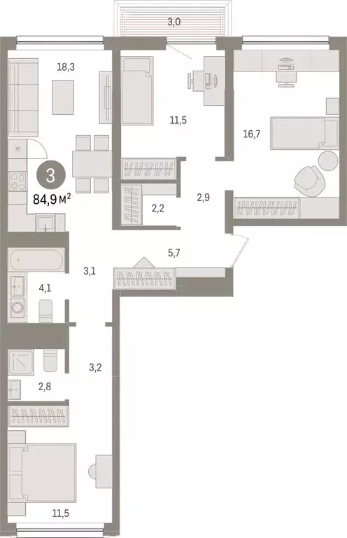 3-комнатная квартира: Тюмень, Мысовская улица, 26к1 (84.87 м) - Фото 1