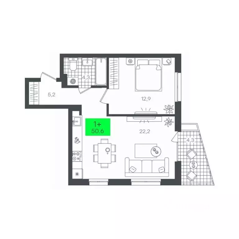 1-к кв. Тюменская область, Тюмень Комарово Парк жилрайон,  (48.9 м) - Фото 1