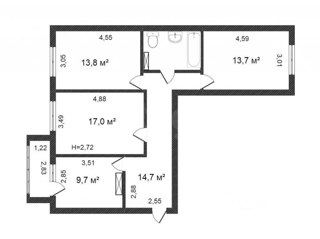 3-к кв. омская область, омск пригородная ул, 15/1 (74.5 м) - Фото 1