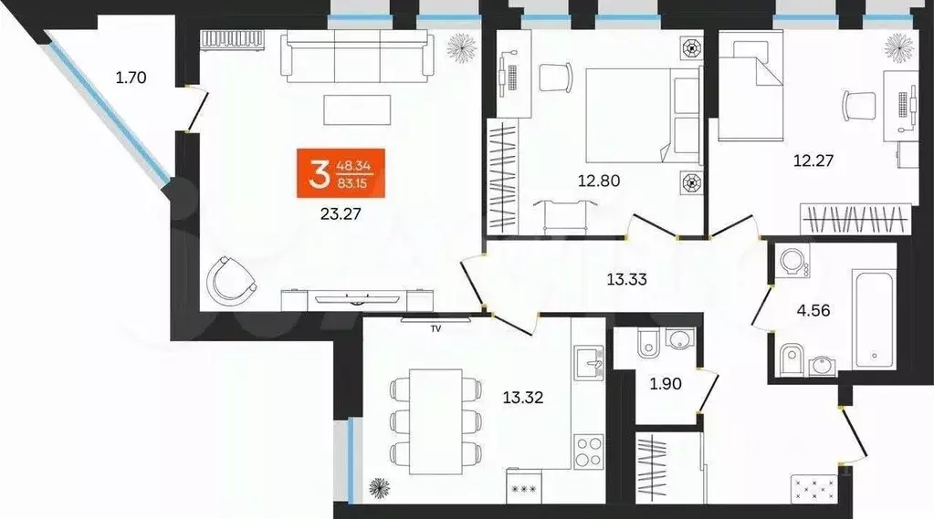 3-к кв. Башкортостан, Уфа ул. Султанова, 28 (86.8 м) - Фото 1