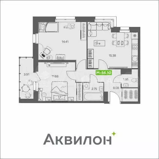 2-к. квартира, 56,1 м, 7/8 эт. - Фото 0