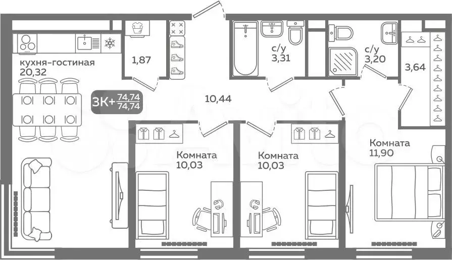 3-к. квартира, 74,7 м, 15/21 эт. - Фото 0