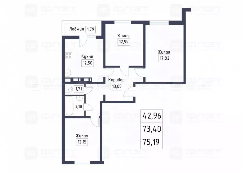 3-к кв. Татарстан, Казань ул. Оренбургский Тракт, 138Д (75.2 м) - Фото 1