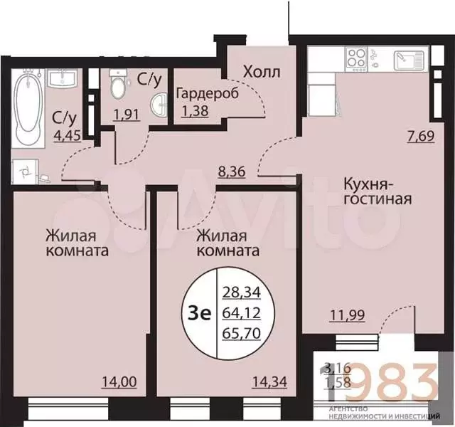 2-к. квартира, 65,7 м, 17/24 эт. - Фото 0