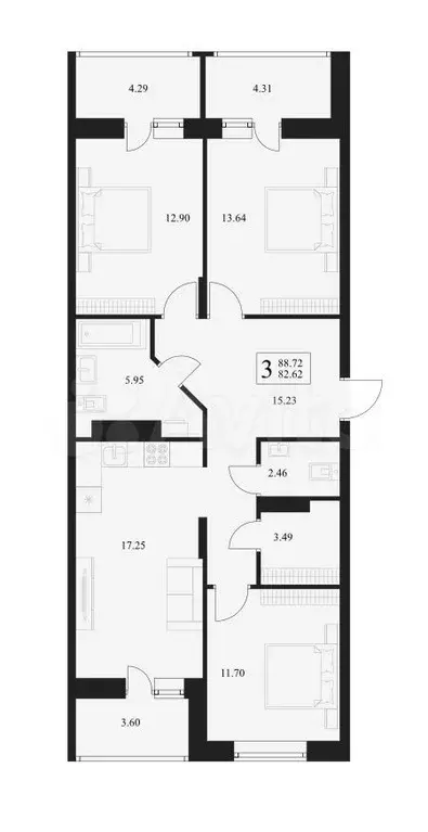 3-к. квартира, 88,7 м, 11/17 эт. - Фото 1