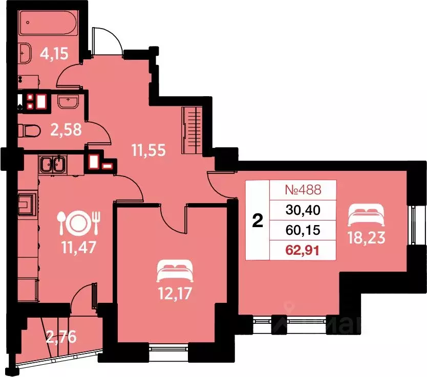 2-к кв. Калининградская область, Калининград ул. Гайдара, 94 (62.91 м) - Фото 0