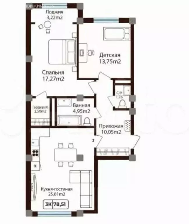 3-комнатная квартира: Махачкала, проспект Насрутдинова, 256В (78.51 м) - Фото 2