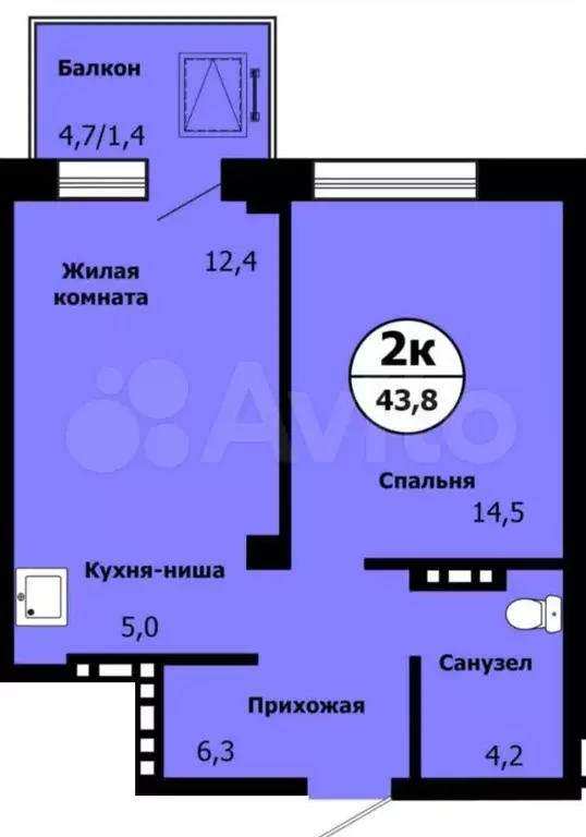 2-к. квартира, 43,8 м, 4/19 эт. - Фото 0