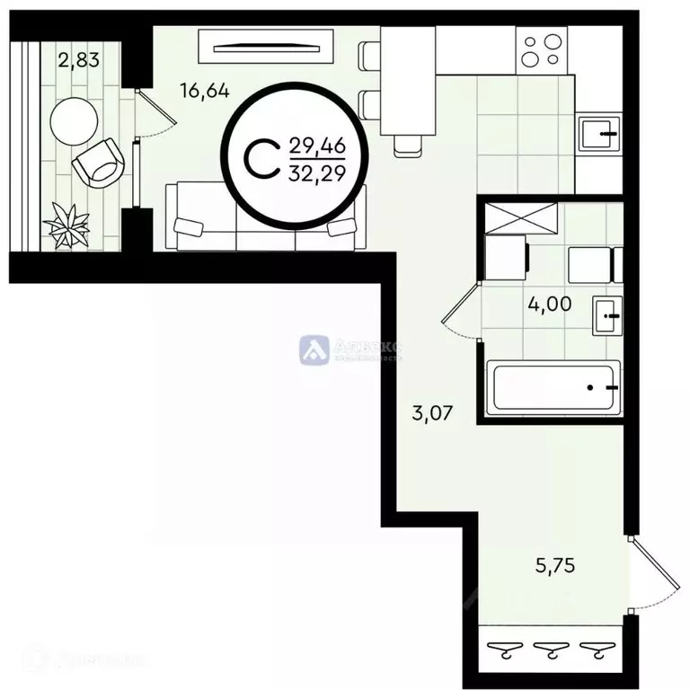 Студия Тюменская область, Тюмень ул. Александра Звягина, 12 (32.29 м) - Фото 1