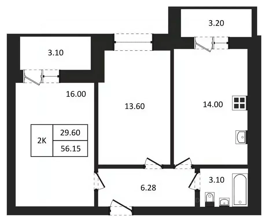 2-к кв. Новосибирская область, Новосибирск  (56.15 м) - Фото 1