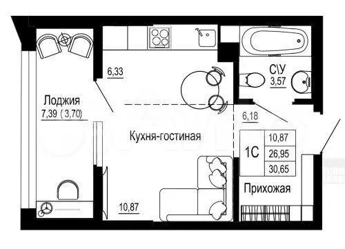 Квартира-студия, 30,7 м, 13/26 эт. - Фото 0