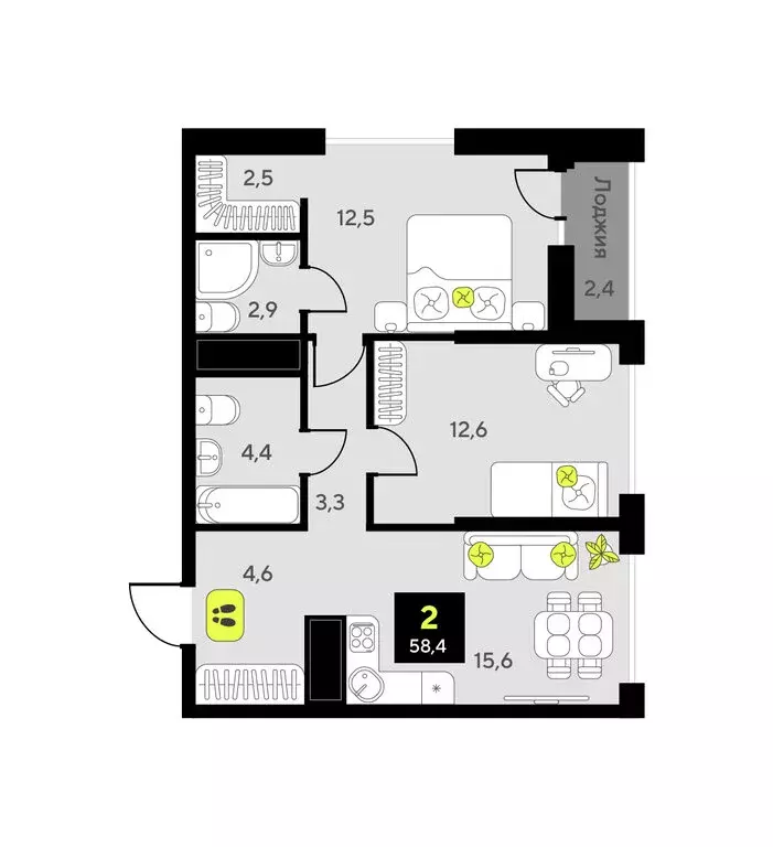 2-комнатная квартира: Тюмень, улица Андрея Приказнова, 7 (58.4 м) - Фото 1