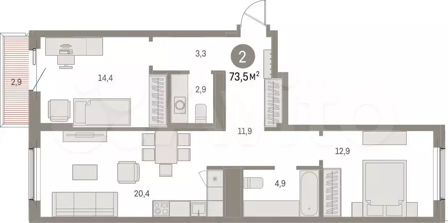 2-к. квартира, 73,5 м, 4/15 эт. - Фото 0