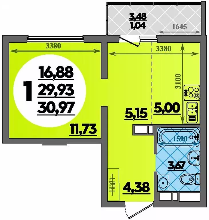 Квартира-студия: Республика Адыгея (Адыгея), Майкоп (30.97 м) - Фото 1